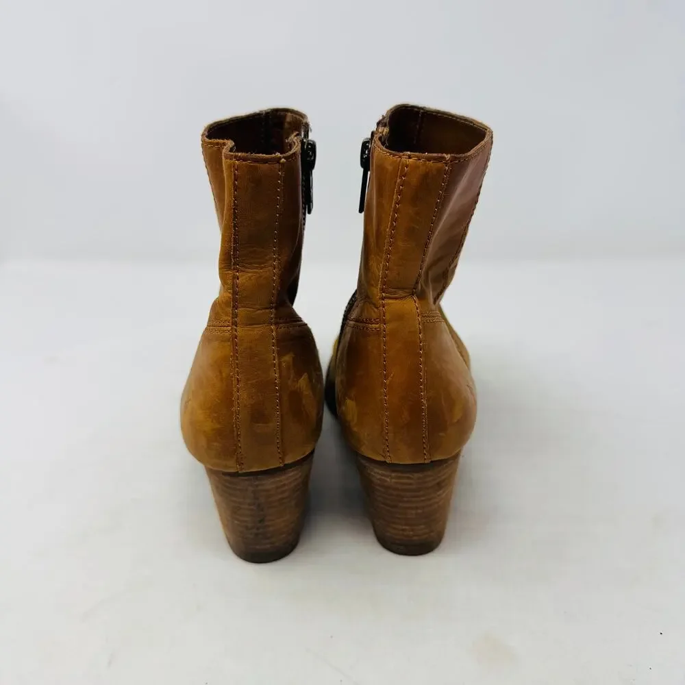 Frye Cara Short Ankle Boots Tan Leather Stacked Heel Western Style Size‎ 7M